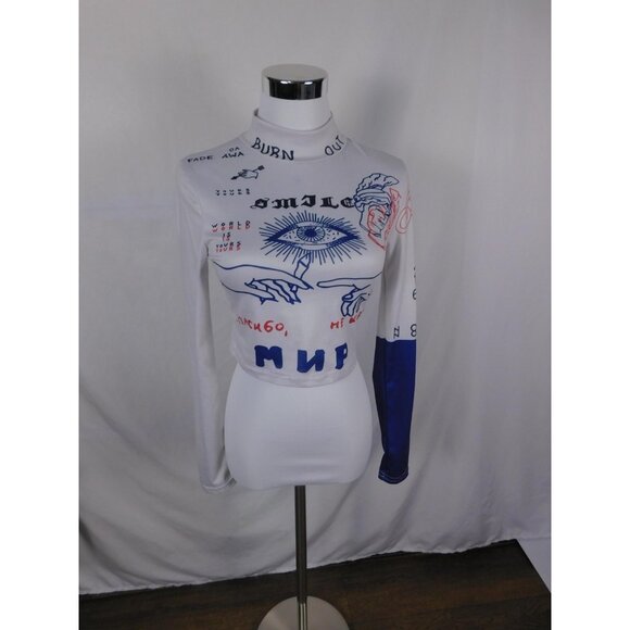SHEIN Shirt Womens Medium White Blue Red Graphic Mock Neck Long Sleeve Crop - Picture 1 of 12